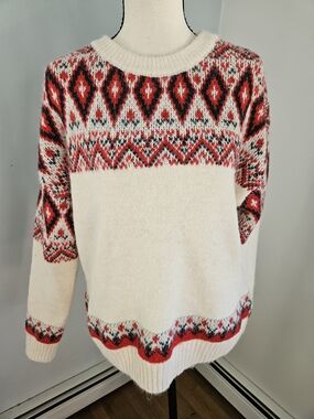 Cupshe Ivory Crewneck Sweater with Red and Black Fair Isle. # Christmas Party
